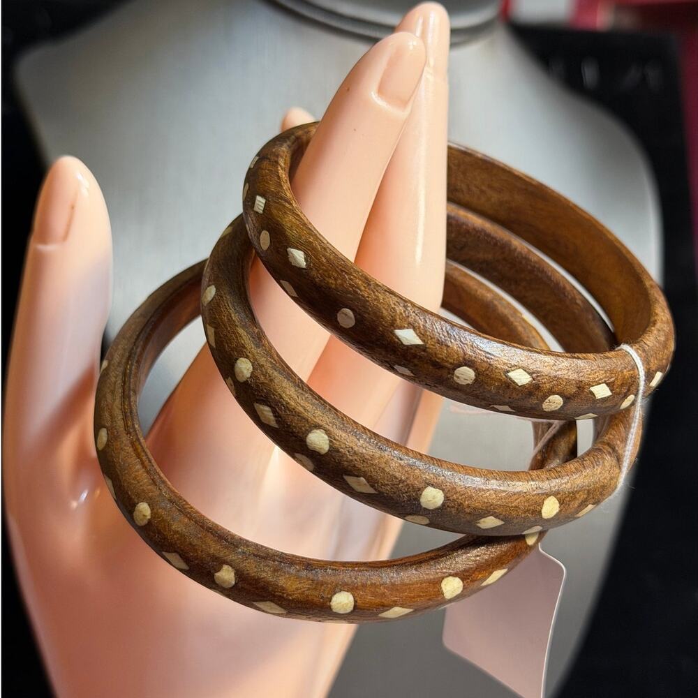 Waterproof Wooden Bangle Bracelet Set of 3 Brown w/ White Inlay 20cm